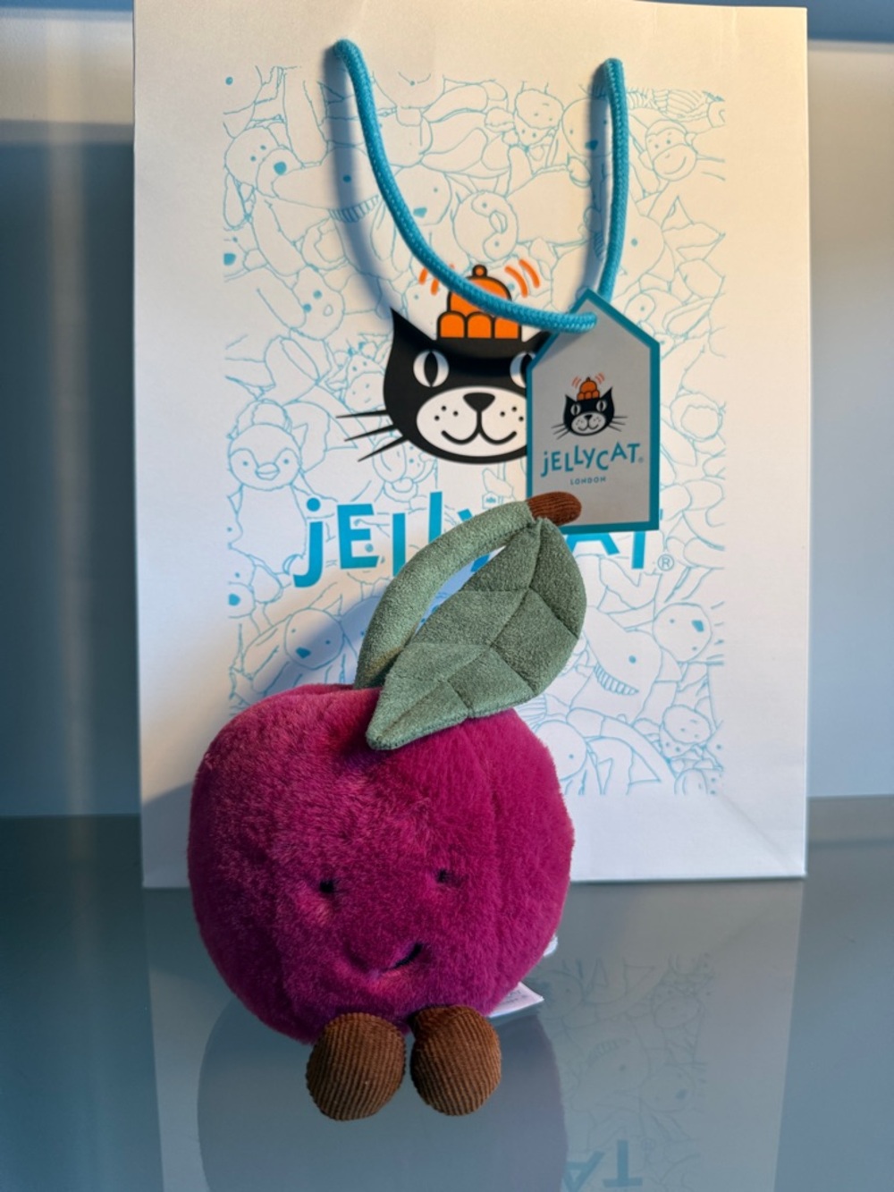 Jellycat Cherry Plush in Deep Magenta with Green Leaf